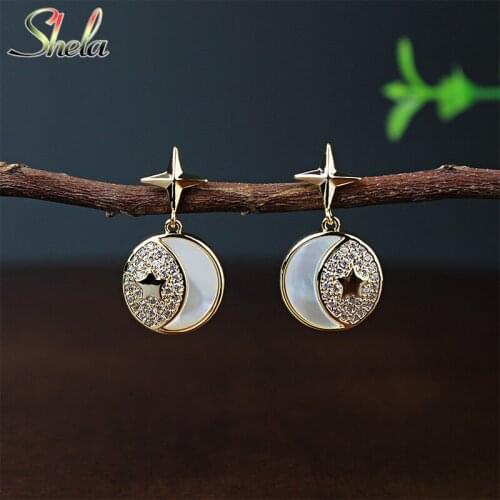 Moon And Stars Earrings For Women Charm Fashion Jewelry Wholesale Zircon Natural Shell S925 Pin High Quality