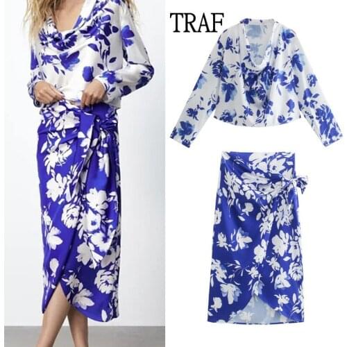 TRAF Za Women 2 Piece Set 2021 Summer Blue Print Long Sleeve Shirt Women Tops + Elegant High-Waisted Midi Skirt Women Clothing