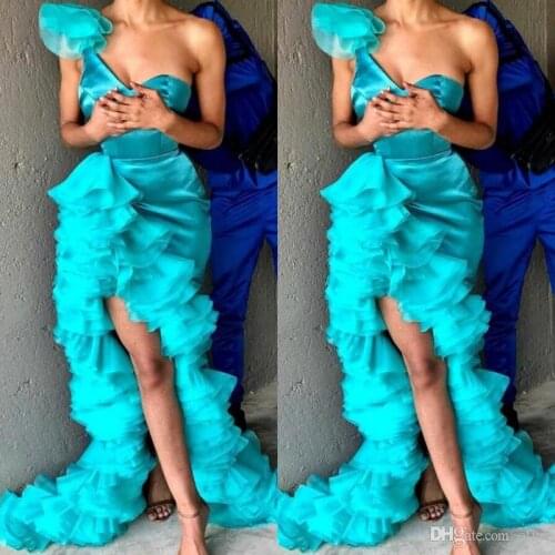 Modern One Shoulder Turquoise Mermaid Prom Dresses Custom Made Ruched Ruffles Satin Long Evening Gowns vestido de novia
