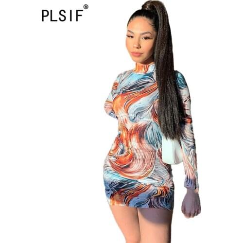 Young party women fashion o neck long sleeve print skinny dress sexy tight night club party lady fashion sheath dress