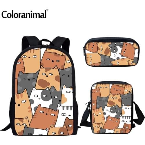 Coloranimal 2021 New Boys Girls 3Pcs School Bag Set Cute Cats Cartoon Pattern Kids Backpack Teenage Children Book Bag Mochila