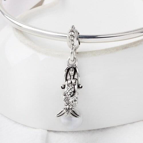 5PCS Rose Gold/Silver Color Little Mermaid Pearl Charms Princess Ariel Dangles Fit Bracelet Necklaces Pendants DIY Jewelry Gift