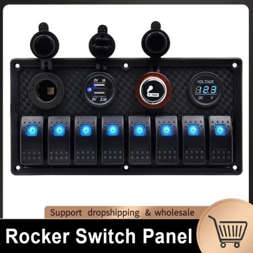 8 Gang Marine Switch Panel On-Off Dual USB Power Cigarette Lighter Socket Waterproof With Led Voltmeter USB Charging 12V/24V