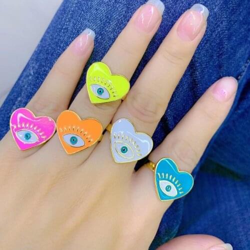 8Pcs The Latest Fashion Adjustable Ring, Heart Shape Enamel Eye Jewelry, Exquisite Enamel Charm Ring Wholesale