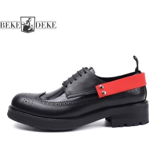 British Vintage Carved Brogue Shoes Mens Genuine Leather Dress Shoes Fashion Patchwork Thick Bottom Formal Cowhide Derby Shoes