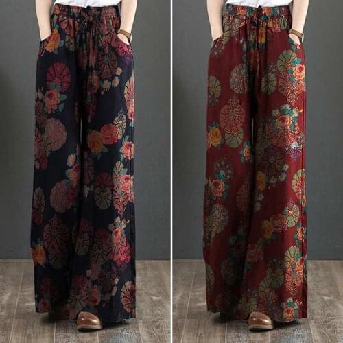 ZANZEA 2021 Vintage Printed Pants Womens Wide Leg Trousers Spring Casual Elastic Waist Long Pantalon Palazzo Oversized Turnip