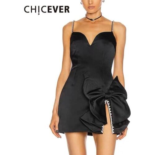 CHICEVER Patchwork Bowknot Split Thigh Bodycon Dress V Neck Sleeveless High Waist Sexy Mini Dresses Female Clothing 2021 Summer