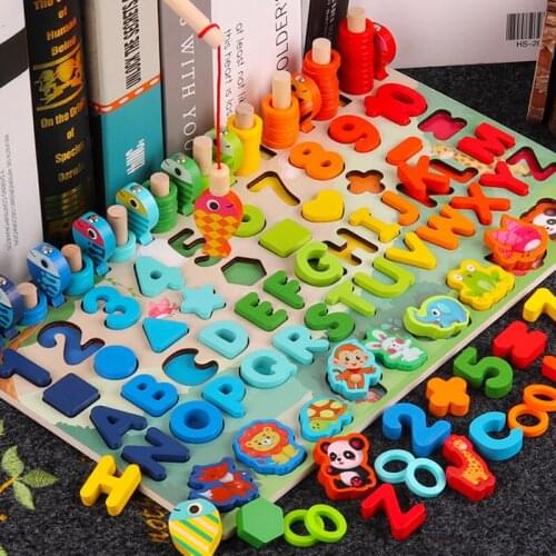 Childrens Wooden Montessori Educational Toys Building Block Puzzle Fishing Count Number Digital Shape Matching Busy Board Toys