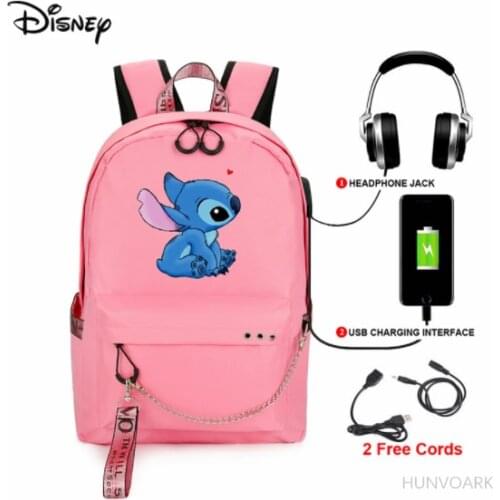 Disney Cartoon Stitch Laptop Backpack Woman Men Canvas Capacity Travel bag USB Charging Port Schoolbag