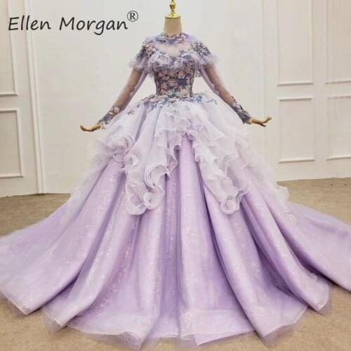 Purple Ball Gowns Evening Dresses with Long Sleeves 2020 High Neck Arabic Muslim Lace Flowers Engagement Formal Prom Gowns