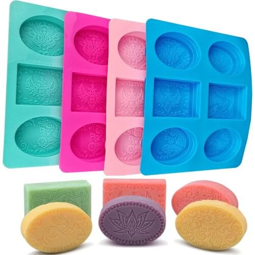 6 Compartment Soap Silicone Mold Handmade Lotus Pattern Square Oval Soap Mold Cake Cupcake Pudding Candle Soap Making Mould Tool