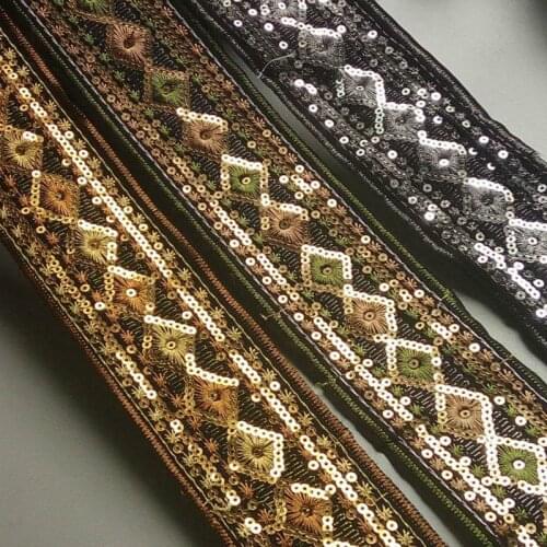 1 Yards White Black 50mm Ethnic Gold Thread Sequins Webbing Ribbon Tape Shoes Dress Embroidered Lace Trims DIY Sewing Accessorie