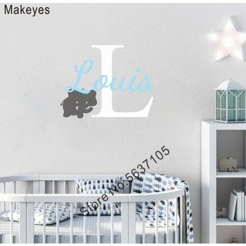 Makeyes Custom Name Wall Sticker Baby Elephant Cute Wall Sticker Kids Bedroom Sweet Wall Decor Personalized Name Decoration Q160