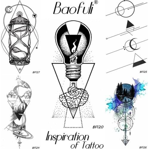 Men Creative Body Art Temporary Tattoo Bulb Candle Brain Geometric Triangle Tatoos Long Chains Waterproof Black Tattoo Stickers
