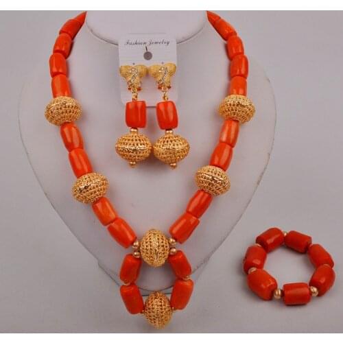 Nigeria Wedding Beads Orange Coral Necklace Set African Wedding Bride Wedding Gift Jewelry Set Free Shipping