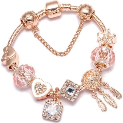 New Heart & Key Pendant Rose Gold Color Fine Bracelets & Bangles Ferris Wheel Beads Charm Bracelet For Women Jewelry Gift