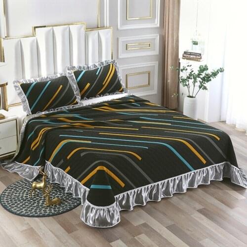 Printed Stripes Soft Comfortable Knitted Cotton Ruffle Bedspread Coverlet Bed Cover Set Blanket Bed Linen Pillowcase Textile
