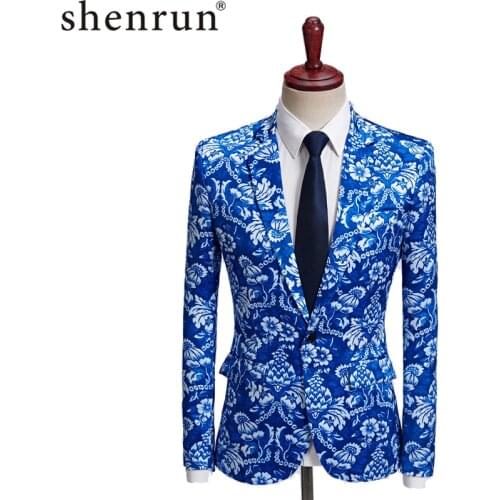 Shenrun Men Blazer Fashion Slim Fit Jackets Casual Blue Floral Print Skinny Suit Jacket Wedding Stage Costume Plus Size