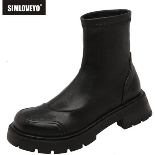SIMLOVEYO 2021 New Platform Square Heel Flat Ankle Short Bootie Mortorcycle Strethcy Mixed Color Design Shoes For Women 42 S2490