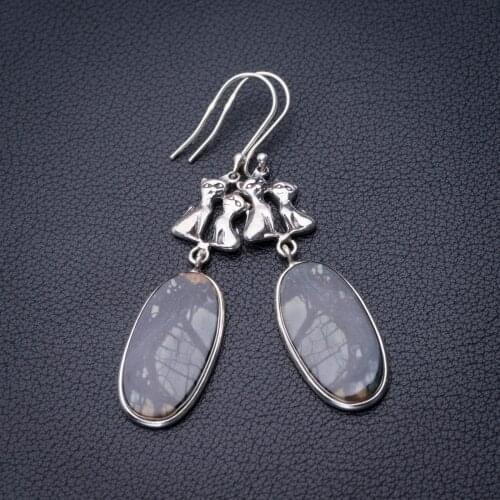 StarGems Natural Picasso Jasper Cat Handmade 925 Sterling Silver Earrings 2.5" D6886