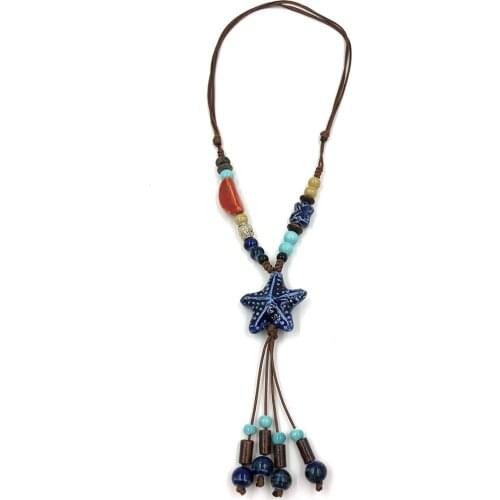 Vintage Ethnic Colorful Ceramic beads star pendant Necklace Adjustable Knotted Long pendant necklace for Women gift