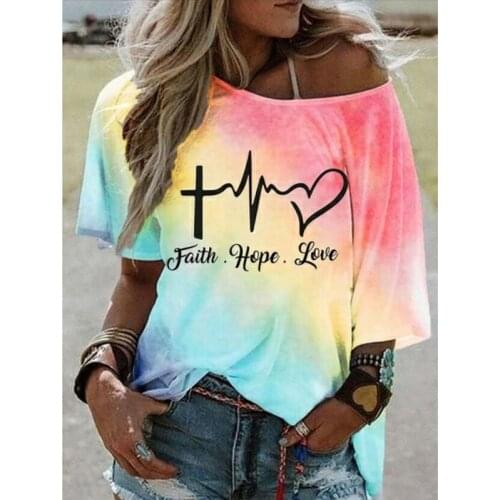 New Tie-Dyed Summer Color Gradient Womens Fashion Short Sleeve Tie Dry Faith Hope Love T-Shirts Plus Size Tops Loose Pullovers