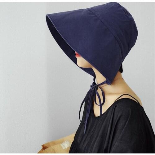 Womens Vintage Bucket Hat with String French Style Cotton Casual Autumn Summer Elegant Trendy Fashion Sunhat