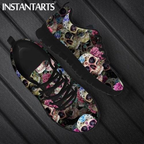 INSTANTARTS Gothic Sugar Skull 3D Printing Female Flat Shoes Autumn Breathable Soft Sneakers Light Outdoor Lace up Sport Shoes