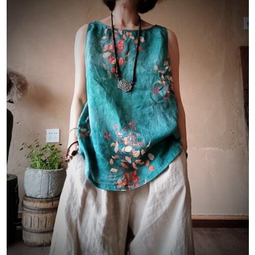 Women Loose Ramie Printed Tanks Tanktops Ladies Vintage Print Sleeveless Tops Female 2020 Ramie Tanks