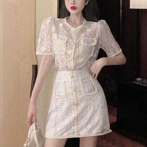 2020 Summer Sweet Korean Two Piece Set Women Sexy Lace Perspective Shirt Blouse + Mini Skirts Suits 2 Piece Set Women Outfits