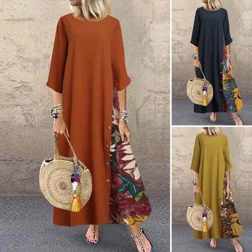 ZANZEA Women Autumn O neck 3/4 Sleeve Pacthwork Dress Vintage Floral Printed Party Sundress Robe Femme Loose Vestido Plus Size