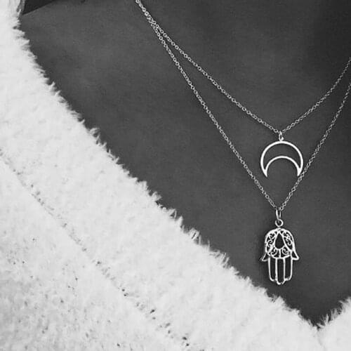 Moon Necklace Women Bohemian Style Palm Pendant Multi-layer Chain Necklace Womens Jewelry Accessories Collares Kpop