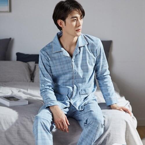 Winter Men Pajamas 100% Cotton 2 Pieces Fashion Sleepwear Pijama Mans Warm Bedgown Home Clothes PJ Plaid Pure Cotton Pajamas