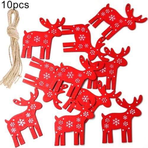 10Pcs Wooden Deer Shape Snowflake Print Hole Rope Hanging Pendant Wooden Slice Drop Ornaments Home Christmas Tree Decor