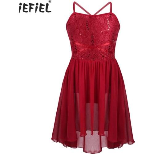 Toddler Girls Shiny Sequins Lace Leotard Dancewear High-Low Hem Chiffon Ballet Dress Contemporary Ballroom Lyrical Dance Dress