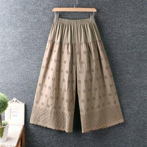 New Summer Women Japan Style Fresh Elastic Waist Embroidery Cotton and linen Loose Wide leg Pants