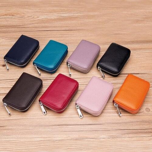 Business Card Holder Zipper Mens Genuine Cow Leather Rfid Anti-theft Card Small Coin Purse Womens Fashion Wallet