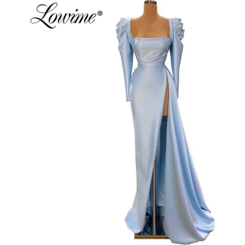 Elegant Muslim Evening Dresses High Split Side Long Prom Dresses 2020 Full Sleeves Satin Dubai Arabic Wedding Party Dress Gowns