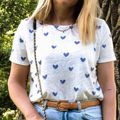 Heart Print T-shirt Women Round Neck Short Sleeve Linen Elegant Tee T Shirt Femme 2021 Clothing Fashion Top Tshirt Hauts