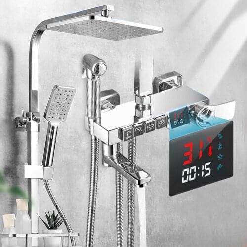 Chrome Wall Mounted Thermostatic Shower Faucet Set Rain Shower Bath Faucet Bathtub Shower Mixer Tap Digital Display Function
