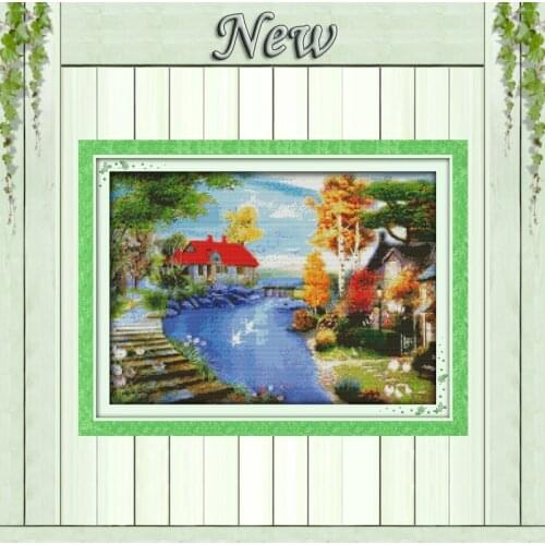 The red house near the lake Scenery painting,Counted print on cloth DMC 14CT 11CT DIY Cross Stitch Needlework kit Embroidery Set