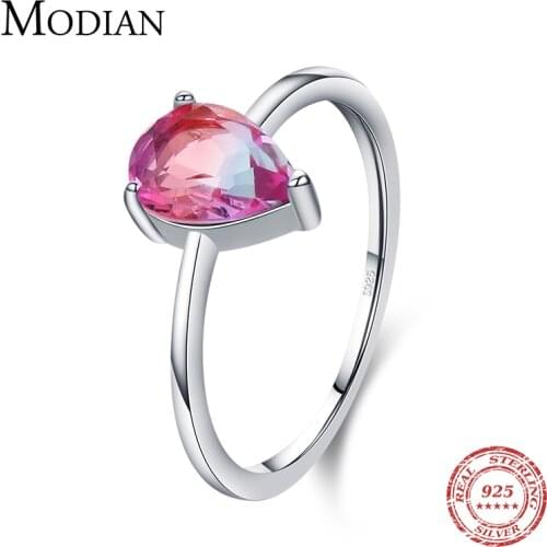 Modian 100% 925 Sterling Silver Simple Water Drop Candy Color Tourmaline Finger Rings For Women Wedding Engagement Fine Jewelry