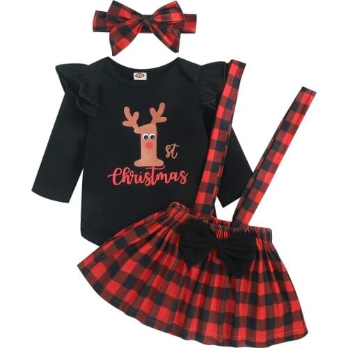 Infant Baby Girl’s Three Piece Suit Christmas Elk Long Sleeve Romper and Plaid Suspender Skirt & Headband