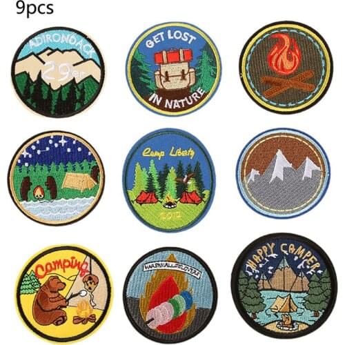 9Pcs Round Sewing Patches Cartoon Scenery Outdoor Animal Badge Embroidered Appliques for Clothes Hat Bag DIY Decoration