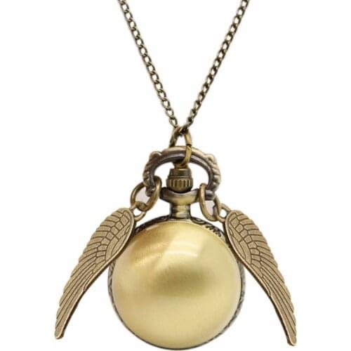 Antique Golden Angel Wing Quartz Pocket Watch Christmas Gift Charming Vintage Snitch Ball Necklace Pendant Clock with Chain