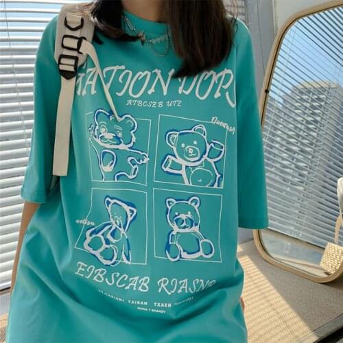Summer Korean Ulzzang bear short-sleeved casual women T-shirt Harajuku cute punk streetwear tees Vintage kawaii women clothing