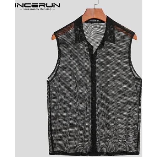 2021 Men Mesh Shirt See Through Lapel Sleeveless Streetwear Button Tops Party Nightclub Sexy Casual Camisa Masculina 5XL INCERUN