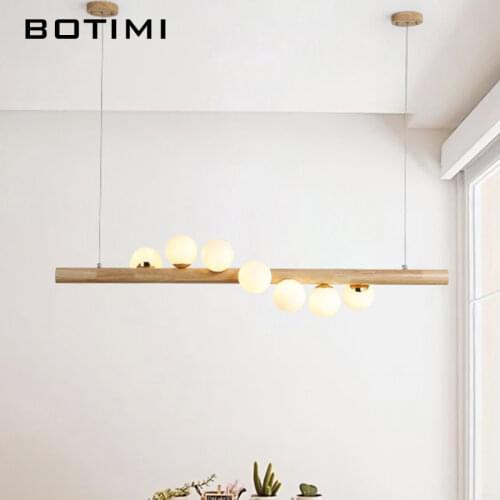 BOTIMI Dining LED Pendant Light For Living Room Glass Balls Wooden Pendant Lamp Bar Long Table Hanging Loft Lighting Fixtures