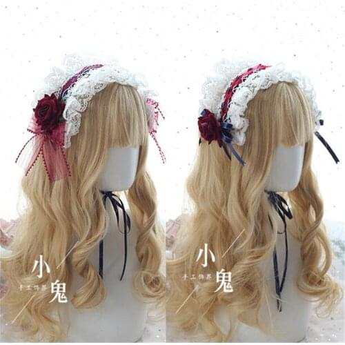 Gothic Lolita Lace Trim KC Hair Band Handwork rose Bowknot Flowers Hair Accessories Headwear Vintage Japan Headband B561
