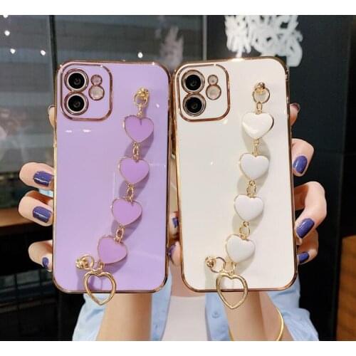Gimfun Luxury Plating Love Heart Phone Case for iPhone 12 11 Pro Max 7 8 Plus X XR XS Max Glitter Chain Wrist Strap Back Cover